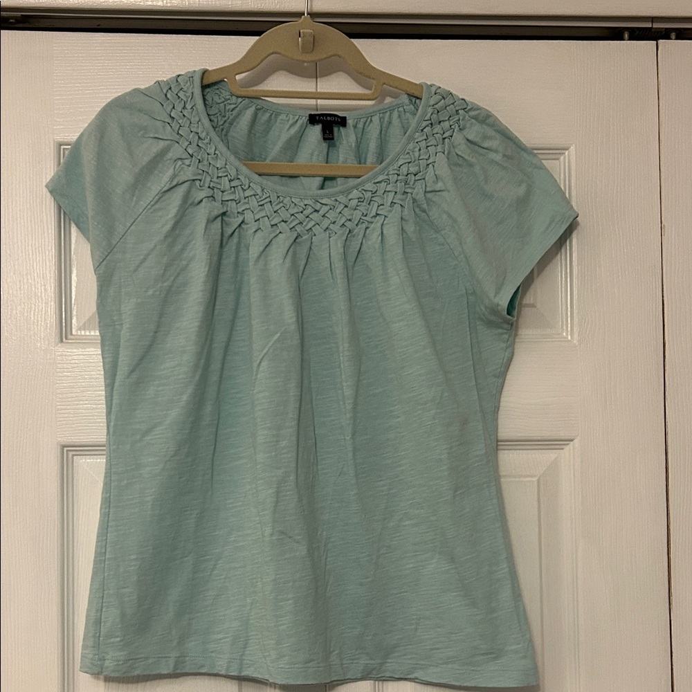 Talbots Aqua Short-Sleeve Knit Top with Braided Scoop Neck